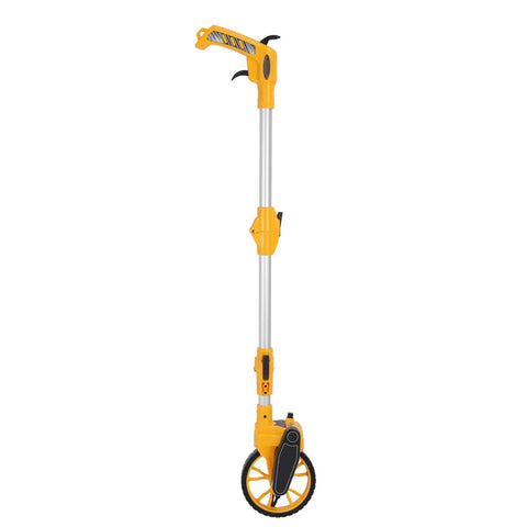 Keenso Folding Measuring Wheel Durable 9999.9m Capacity for Builders Landscapers Homeowners 17" Compact Size side view with yellow handle