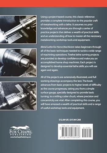 Book: Metal Lathe for Home Machinists back cover with three lathe photos and Fox Chapel Publishing logo.