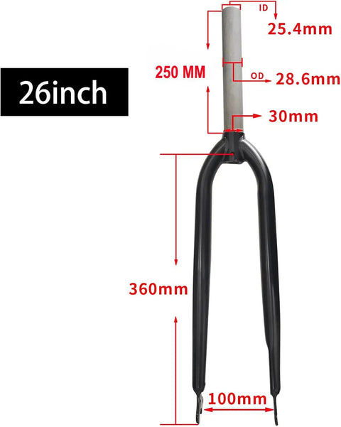 Beefy 26 Inch Steel Threadless Bike Fork 1 1/8 Inch Steerer Black For MTB Road Cruiser With Disc Brake Mounts and Caliper Bracket