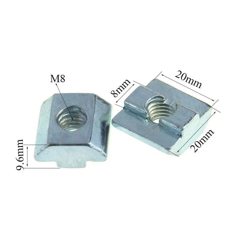 Two M8 Tee Slot Nuts for 40 Series Aluminum Extrusions, 20x20x9.6mm, 8mm slot width, carbon steel, focus on dimensions and thread size.