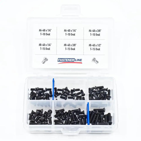 Black Torx Screws Assortment Kit With Weaver Oval Heads Includes T10 And T15 Sizes, 120 pieces in a transparent organizer.