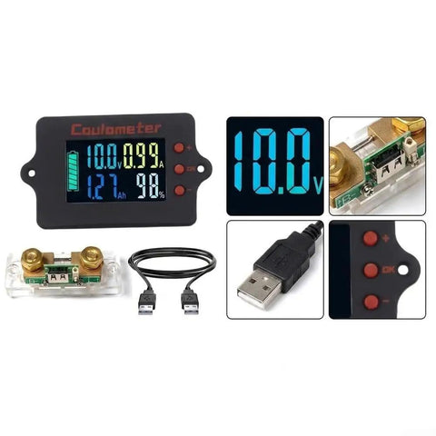 Hella Precise Pure Copper Shunt Battery Monitor Tracks 0 To 100 Amps Across 8 To 120 Volt Systems Featuring A Badass 32 Bit Chip And Usb Data Logging Plus Bidirectional Measurement For Solar Projects And RV Camper Builds, LCD readout, copper shunt, USB cable.