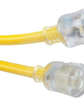 Extra Heavy Duty 25 Ft Extension Cord 10 Gauge 3 Conductor Outdoor Cable With Lighted End SJTW Yellow plug detail