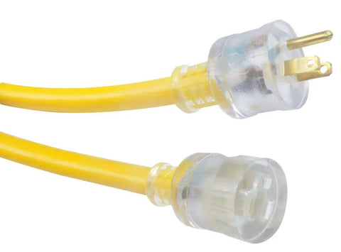 Extra Heavy Duty 25 Ft Extension Cord 10 Gauge 3 Conductor Outdoor Cable With Lighted End SJTW Yellow plug detail