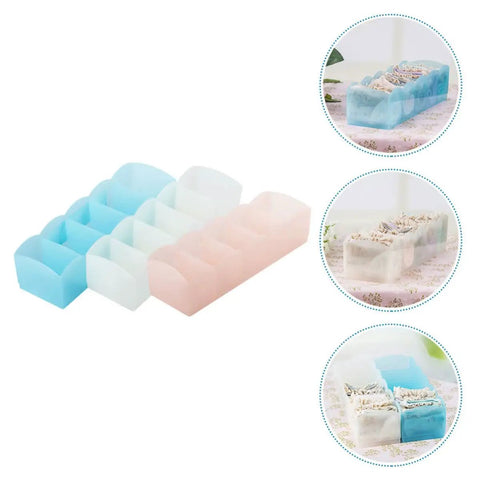 Keep Your Dresser Slick With This Heavy Duty Stackable Underwear Organizer Box Featuring Five Secure Grid Dividers For Neat Sock And Undergarment Storage Drawer, three stylish organizer boxes in blue, white, and pink.