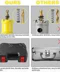 DWIKE 24-piece carbide hole saw kit; front view shows upgraded pilot bit, yellow tool head, plastic and metal cases.
