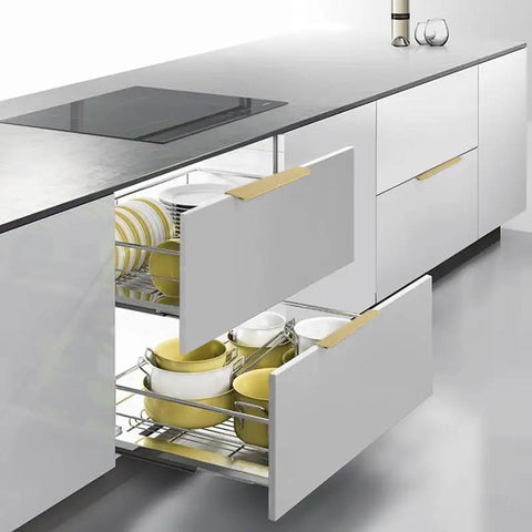 Modern kitchen with open cabinets showing 10 Pack Edge Finger Pulls For Cabinets And Concealed Drawers Aluminum Hidden Door Handles in Brushed Gold