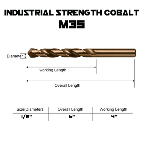 Workhorse Half Inch Cobalt Drill Bits Set Three Pack Heavy Duty Industrial Grade M35 Cobalt 6 Inch Length with 135 Degree Split Point