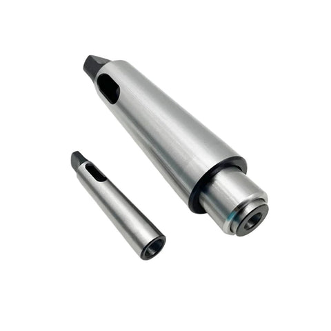Two silver metal taper shank adapters with reducing sleeve for MT1–MT5, arbor reducer set.