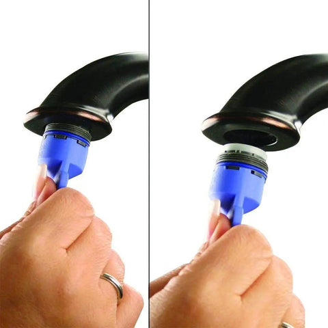 User removing faucet aerator using Hidden Aerator Key Wrench Set For Cache Style Aerators Four Durable Keys For Standard Junior Tiny Junior Tom Thumb