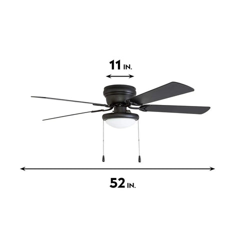 Hugger 52-Inch Matte Black Ceiling Fan With Bowl Light Kit Low Ceiling Friendly Dimmable Frosted Light 5-Blade Matte Black Finish