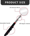 Six Pack Extended Handle Telescopic Inspection Mirror Set With 50mm Round Mirrors 360 Degree Rotating Heads Stainless Steel Folding Design In Black For Car Maintenance And Tight Spot Inspections, shown in disassembled view with extendable handle and rotating mirror.