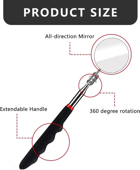 Six Pack Extended Handle Telescopic Inspection Mirror Set With 50mm Round Mirrors 360 Degree Rotating Heads Stainless Steel Folding Design In Black For Car Maintenance And Tight Spot Inspections, shown in disassembled view with extendable handle and rotating mirror.