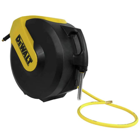 Three Eighths Inch Fifty Foot Hybrid Polymer Air Hose With Auto Retract Enclosed Reel Bright Yellow Durable And Flexible