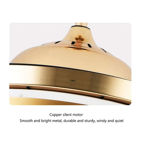 Fresh 42 Inch Gold Crystal Ceiling Fan With Silky Quiet Blades And Straight Fire LEDs Three Color Changing Modes view of copper silent motor with smooth metal finishes.