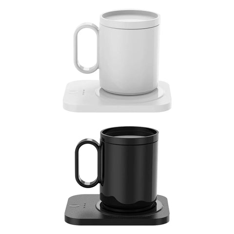 Keep Your Daily Java Piping Hot On Autopilot With This Electric Coffee Mug Warmer Featuring 3 Custom Heat Levels And A Roomy 43oz Ceramic Cup For Desk in white and black.