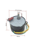 Low Speed 220V Permanent Magnet Synchronous Motor With Reversible Metal Gear Drive 1 To 50 RPM Beefy Torque For DIY Projects RC Cars E Scooters And Small Appliances, front view with dimensions visible