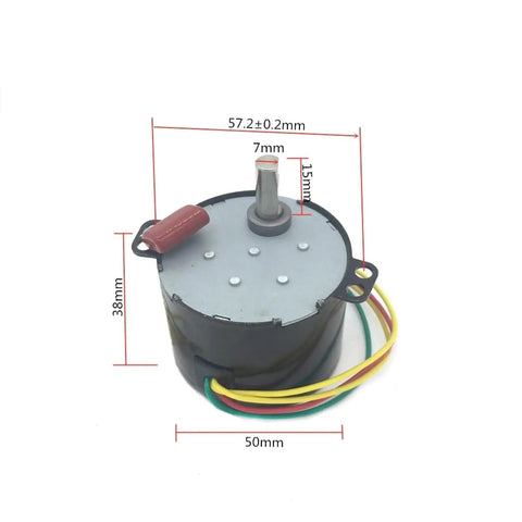 Low Speed 220V Permanent Magnet Synchronous Motor With Reversible Metal Gear Drive 1 To 50 RPM Beefy Torque For DIY Projects RC Cars E Scooters And Small Appliances, front view with dimensions visible