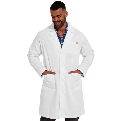 Unisex Lab Coat With Long Sleeves White Medical Coat For Work And Cosplay 3 Pockets Size XL Comfortable Breathable Sixty Five Percent Polyester And Thirty Five Percent Cotton Durable Pro Grade Scrub Style Coat on a person smiling