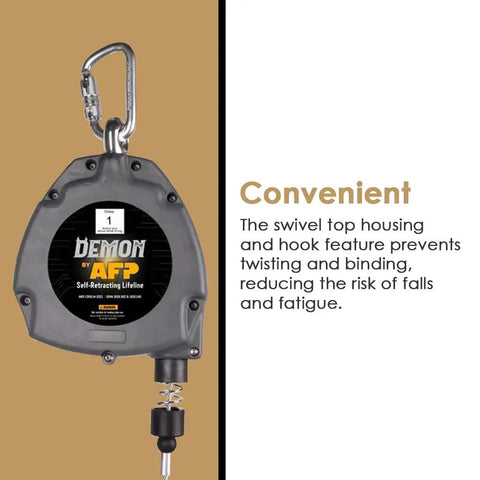 Solid Workhorse Fifty Foot Self Retracting Lifeline Anti Twist Swivel Housing with hook for fall protection.