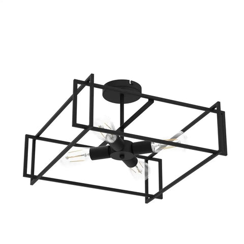 4 Light Black Semi Flush Mount Ceiling Light Fixture With Industrial Farmhouse Vibe, close-up of modern rustic lighting design.
