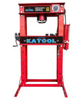 Front view of a red 50 Ton Hydraulic Shop Press With H Frame Workhorse Adjustable Working Table Height Twenty Seven And A Half Inch Bed Seven And A Half Inch Stroke One Hundred Ten To One Hundred Twenty Five PSI Air Quarter Inch Inlet Zero To Forty Inch Work Range Garage, with sturdy steel construction.