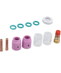 Heavy Duty 12 Pc Tig Welding Accessory Kit With Gas Lens Ceramic Nozzle Collet Set High Thermal Stability For Wp 17 18 26 Argon Gun Copper Glass Parts parts including pink nozzles, copper tips, glass lenses, and O-rings.