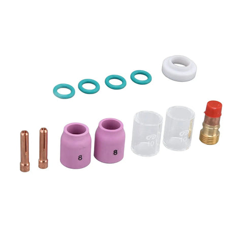 Heavy Duty 12 Pc Tig Welding Accessory Kit With Gas Lens Ceramic Nozzle Collet Set High Thermal Stability For Wp 17 18 26 Argon Gun Copper Glass Parts parts including pink nozzles, copper tips, glass lenses, and O-rings.