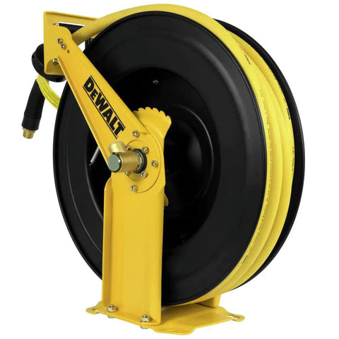 Double Arm Hose Reel With Half Inch By Fifty Foot Premium Rubber Air Hose, Heavy Duty Steel Construction, side view