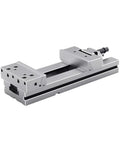 Heavy Duty Rock Solid Precision Bench Vise Built For Cnc Machining Centers And Milling Machines Featuring Dual Adjustment Screws And Heat Treated Steel in silver finish, showcasing dual adjustment screws.