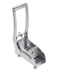 Stainless steel potato cutter and french fry slicer with long lever handle, front view.