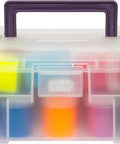 Front view of 12-Inch ProBox Plastic Storage Toolbox For Art Supplies And Crafts, Durable Clear Organizer Case with colorful contents