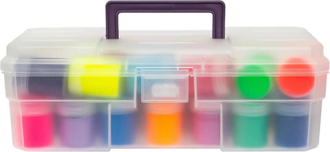 Front view of 12-Inch ProBox Plastic Storage Toolbox For Art Supplies And Crafts, Durable Clear Organizer Case with colorful contents