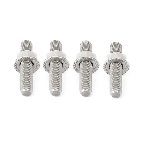 Bolt On Exhaust Studs And Chrome Flanged Nuts Kit For Harley Big Twin 1984-2015 And Sportster XL 1986-2015 Direct Fit Replacement Replaces OEM 16715-83 Kit Includes Four Zinc Plated Studs And Four Chrome Flanged Nuts Silver, showing four zinc-plated studs with chrome nuts.
