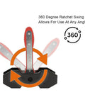 4 In 1 Universal Disc Brake Caliper Tool With 360 Degree Piston Spreaders, showing 360° ratchet swing mechanism for brake repair.