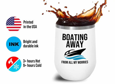 12oz Boating White Wine Tumbler Insulated Drinkware For Pontoon Boats And Yachts with beverage splash, text design.
