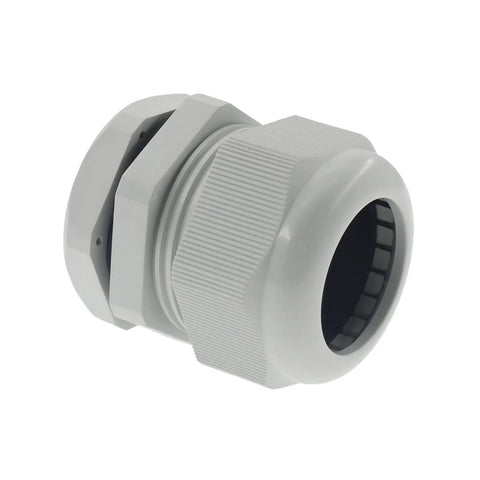 Close-up of One And A Half Inch NPT Strain Relief Nylon Cord Grip Waterproof Cable Glands Five Pack Adjustable Wire Cord Grip Connector IP68 CE RoHS Listed White Rugged Heavy Duty.