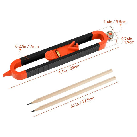 Heavy Duty Contour Scribe Tool With Two Included Pencils And Secure Clamp Lock For Spot On Profile Tracing, measurements shown.