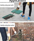 Person using Heavy Duty Sewer Drain Snake 15Ft Unclogging Bar With Thick Steel Core for sewer well and drain outlet clearing.