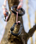 Mini Aluminum Keylock Screw-Lok Carabiner For Throwline Setup And Gear Mounting, black carabiner attached to tree, side view