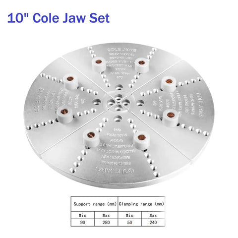 Cole Jaw Set For Nova Chucks 10 Inch Full Size Jaw With 1 Inch 8tpi Threads And Buffer Kit in silver, top view