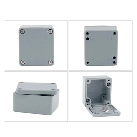 SHIHUANI IP67 junction box enclosure, 120x80x55 mm, gray metal/cast body with screw-fastened lid.

Rear view of SHIHUANI IP67 junction box, gray enclosure with corner mounting holes and knockouts.

Side view of gray SHIHUANI junction box with lid, showing compact rectangular enclosure.

Opened SHIHUANI junction box interior with terminal block and gasketed lid for wiring.