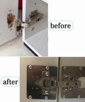 Before and after installation of Six Piece Hinge Repair Bracket Set For Cabinets And Cupboards With Pre Drilled Holes And Mounting Screws