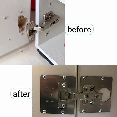 Before and after installation of Six Piece Hinge Repair Bracket Set For Cabinets And Cupboards With Pre Drilled Holes And Mounting Screws