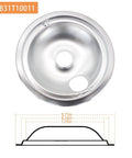 Chrome Drip Pans Replacement Kit For Electric Range With Locking Slot Includes Three Six Inch Pans And One Eight Inch Pan Four Pack, silver 8-inch pan WB31T10011 shown from top view with measurements