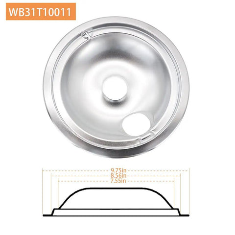 Chrome Drip Pans Replacement Kit For Electric Range With Locking Slot Includes Three Six Inch Pans And One Eight Inch Pan Four Pack, silver 8-inch pan WB31T10011 shown from top view with measurements