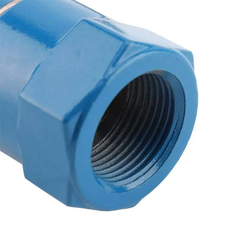 Close-up of the Heavy Duty Zinc Alloy 1 Inch Nozzle Gun connection with blue threaded fitting for garden irrigation.