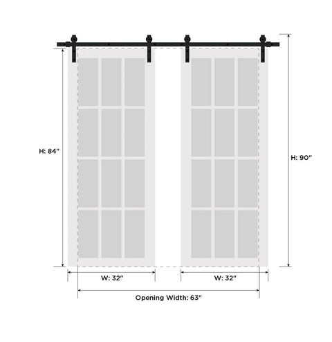 Sturdy Double Barn Door With Clear Glass In Matte Black Finish, Heavy Duty Rail Hanger Set, Floor Guide, Anti Jump Pins, Complete Sliding Hardware For 64 By 84 Opening, Two Solid Panel Interior Doors, 13 Foot Rail System, Black Rail And Clear Glass