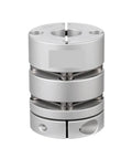 Tough Double Disc Shaft Coupling With Flexible Torque Transfer Fits Stepper Motors 8 To 18 Mm Bore 27 Mm Diameter, aluminum construction.