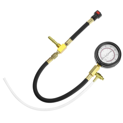 QWORK fuel pressure test kit with brass adapters and dual-scale gauge (0-7 bar/0-100 psi), connected to black hose